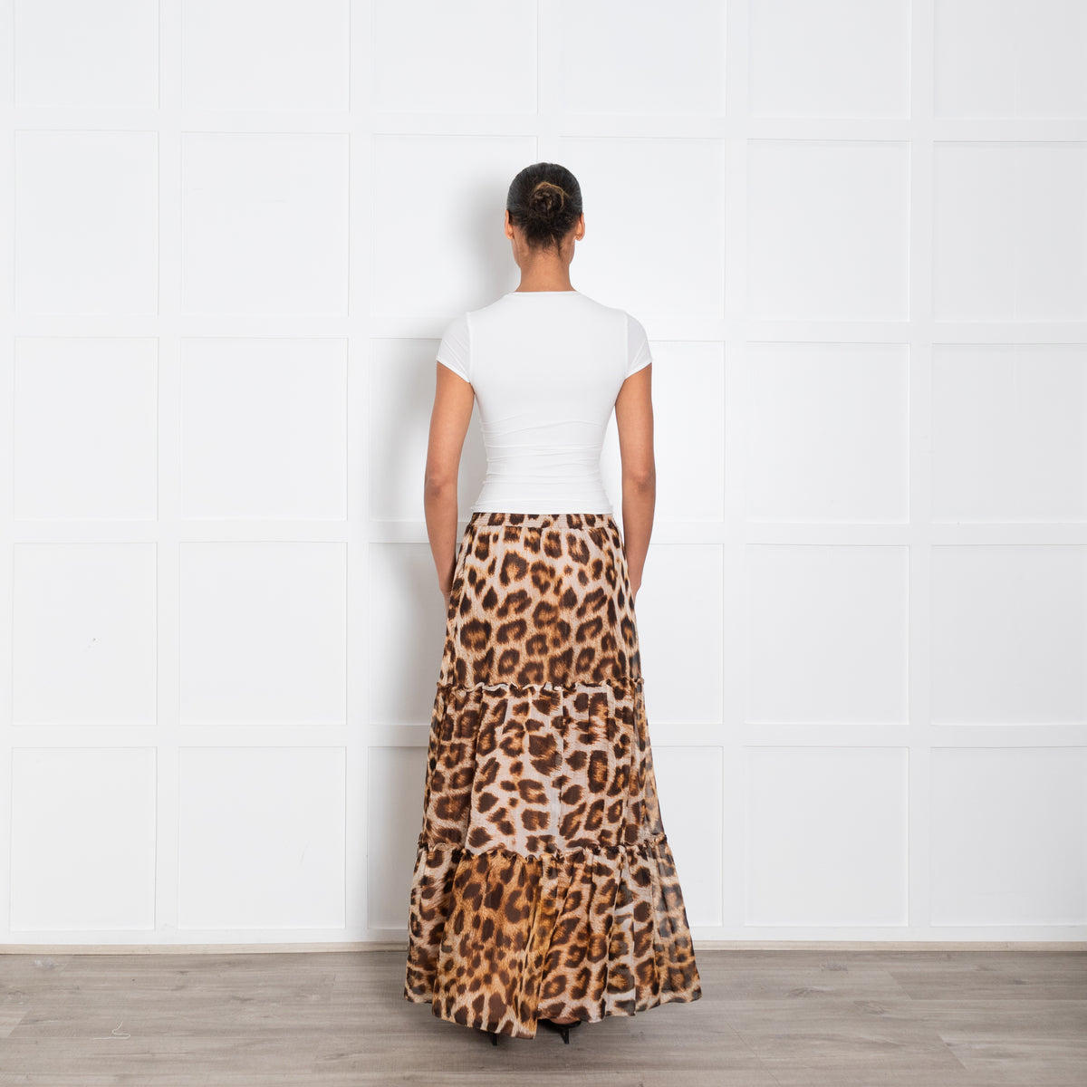 Ridley Brown Animal Print Silk Tiered Maxi Skirt