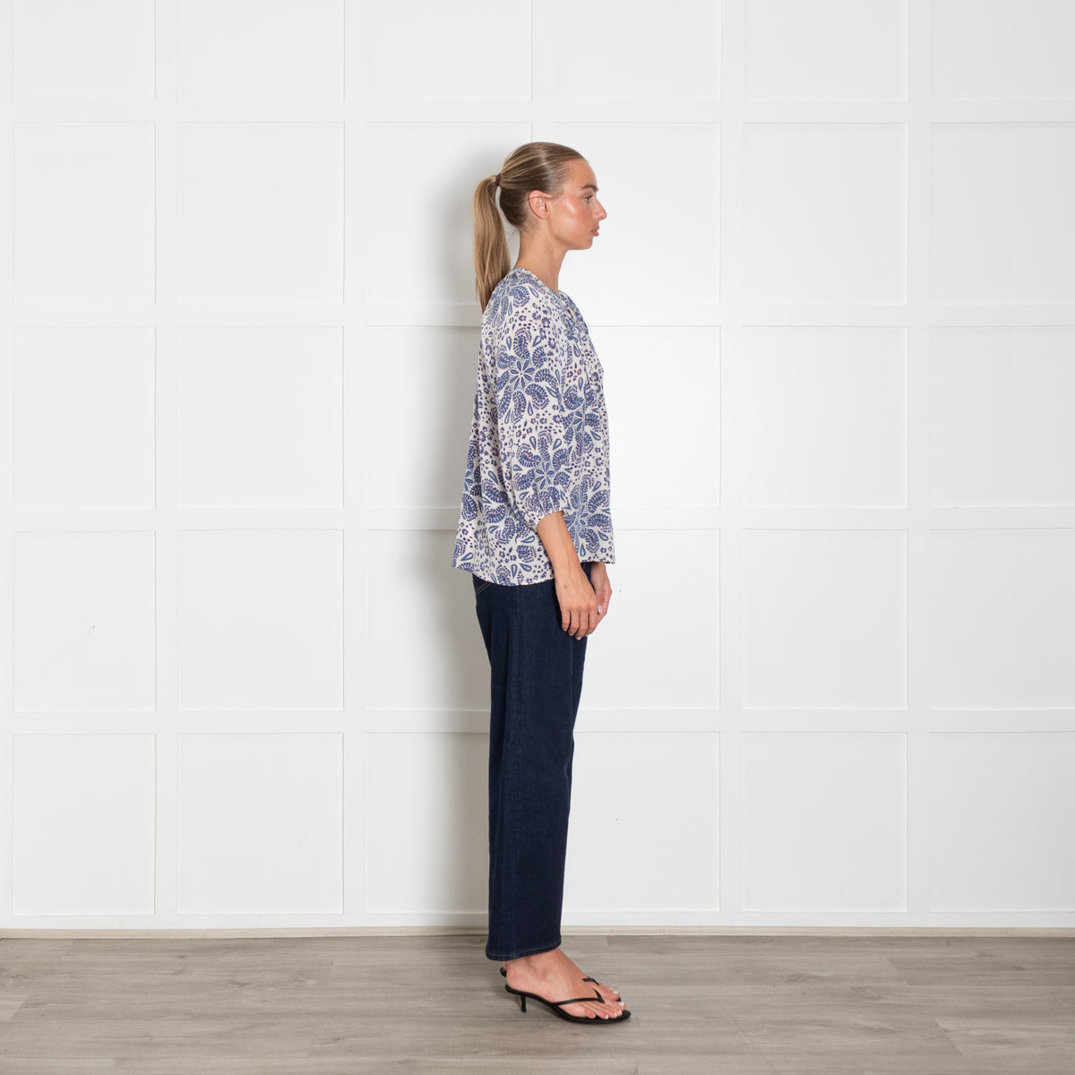 Tucker White Blue Coral Print Silk Blouse