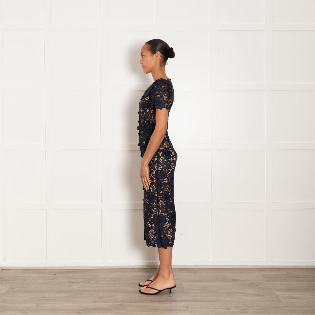 Self Portrait Navy Guipre Lace Midi Dress Contrasting Collar
