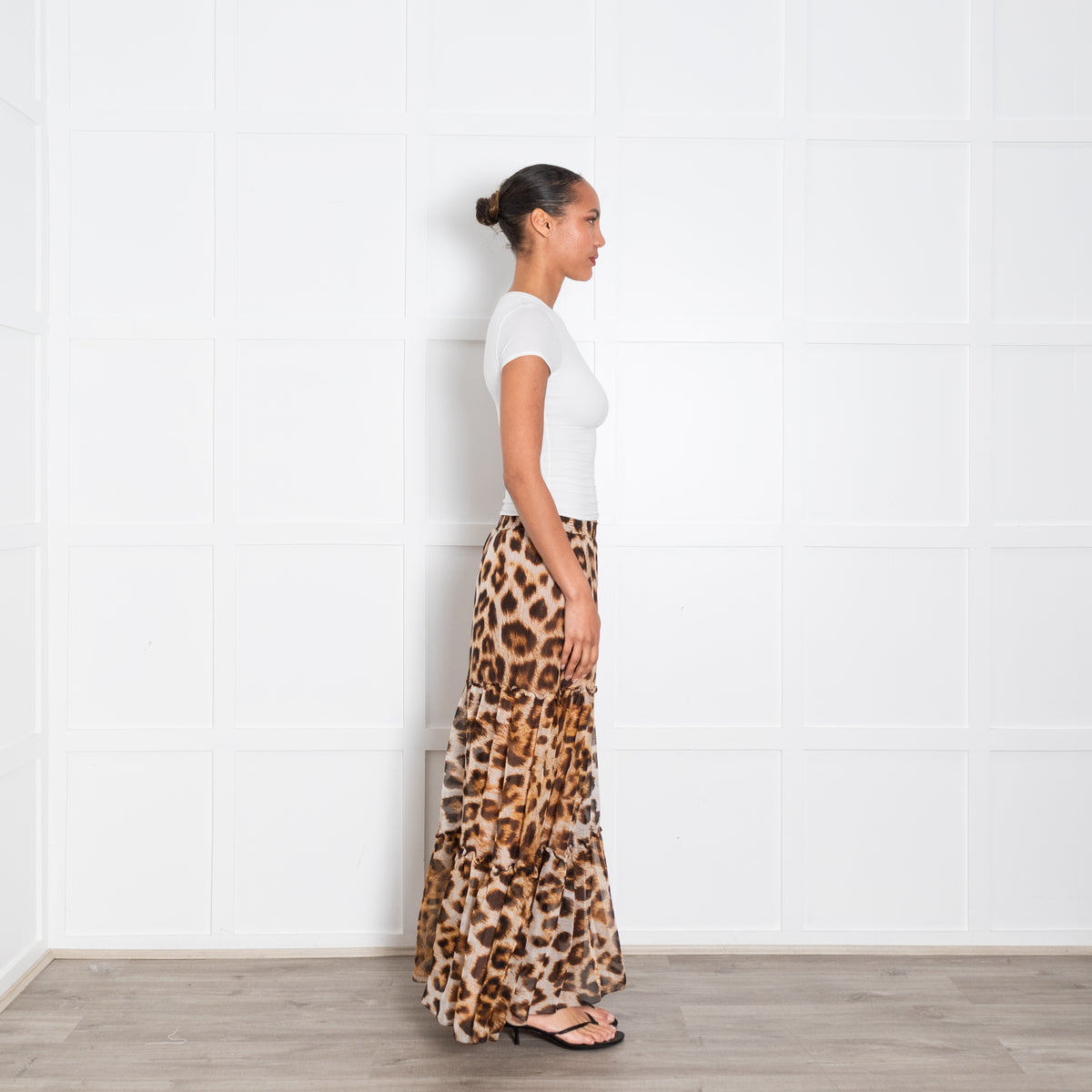 Ridley Brown Animal Print Silk Tiered Maxi Skirt