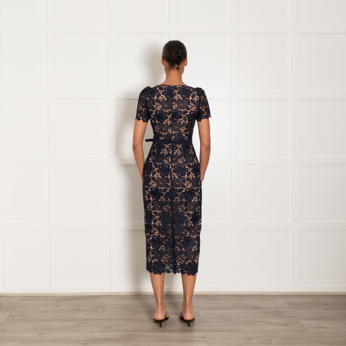 Self Portrait Navy Guipre Lace Midi Dress Contrasting Collar
