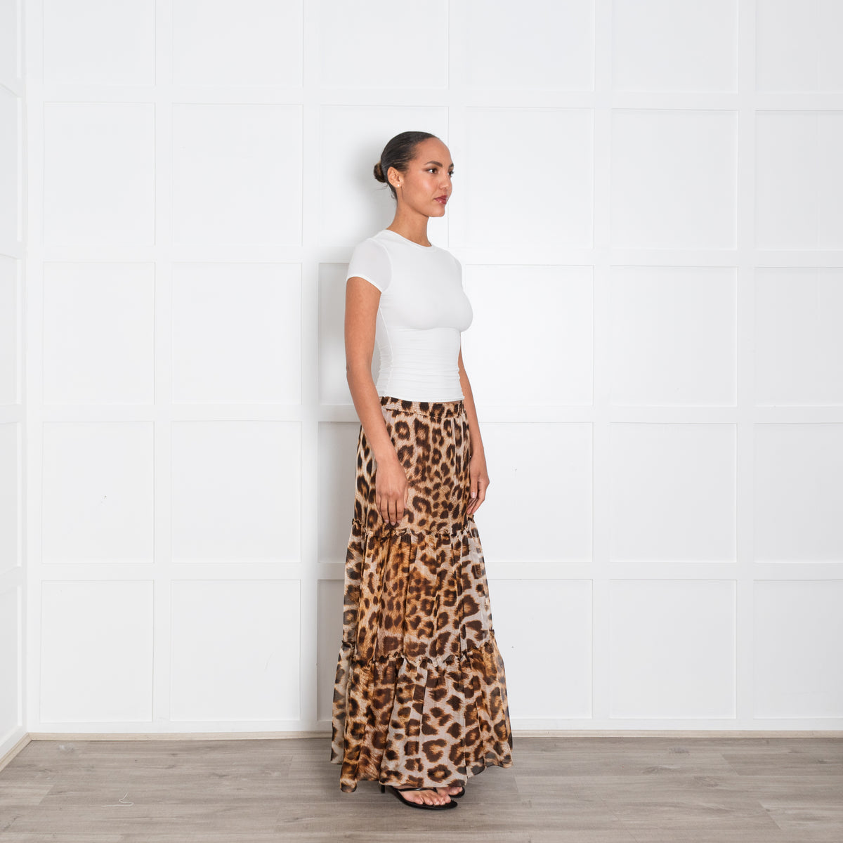 Ridley Brown Animal Print Silk Tiered Maxi Skirt