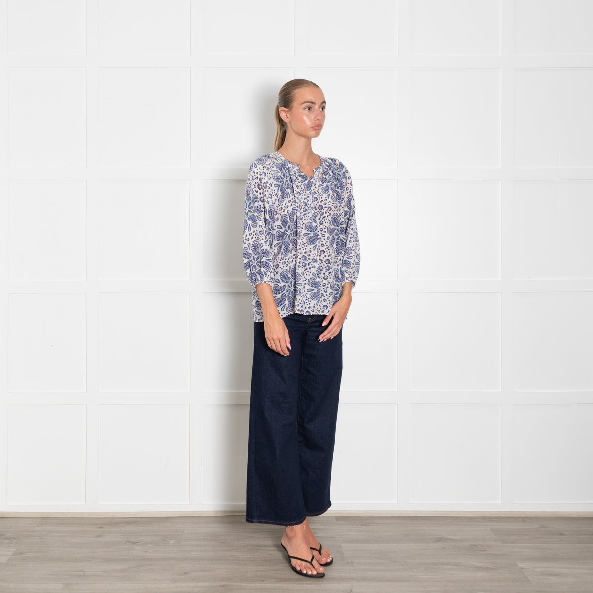 Tucker White Blue Coral Print Silk Blouse
