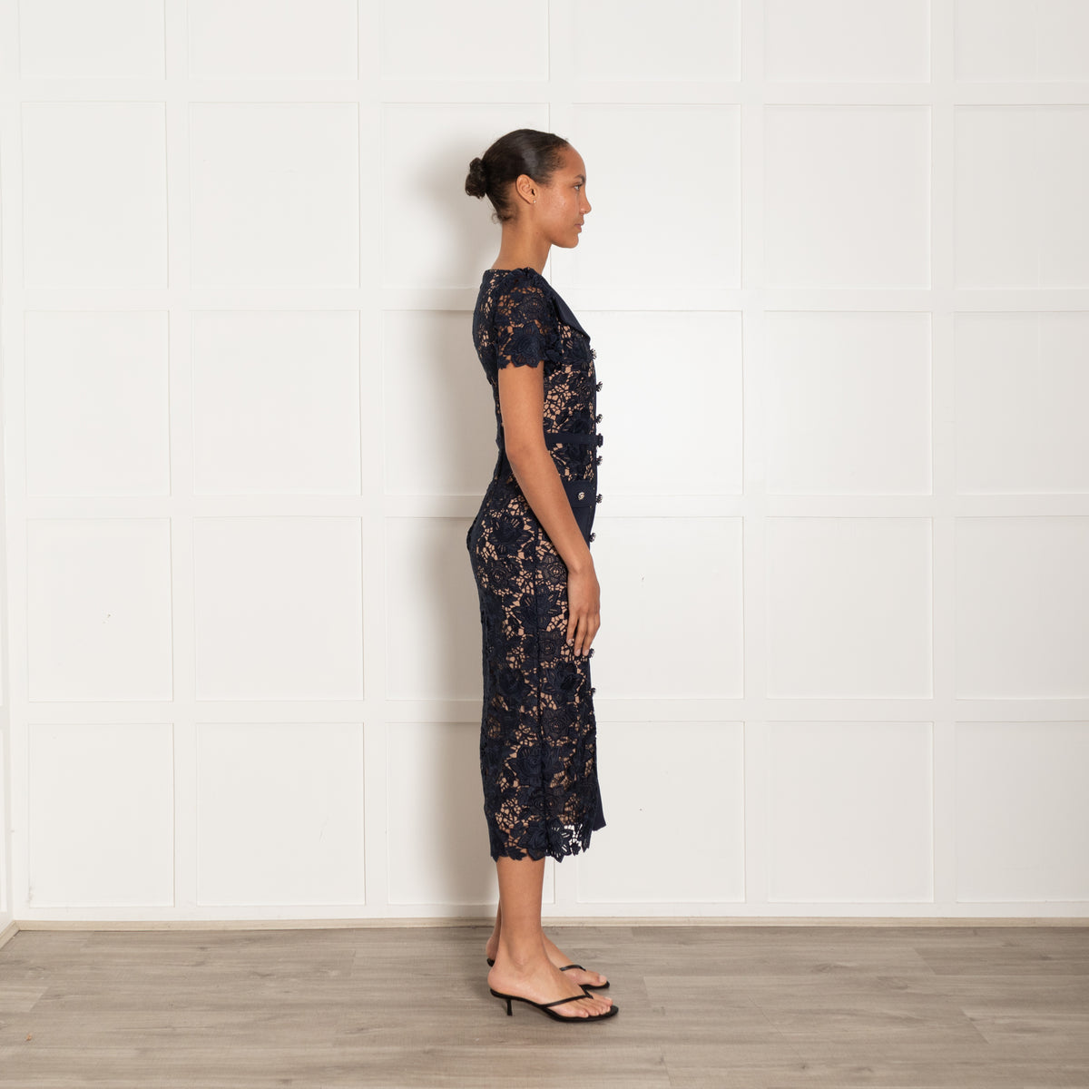 Self Portrait Navy Guipre Lace Midi Dress Contrasting Collar
