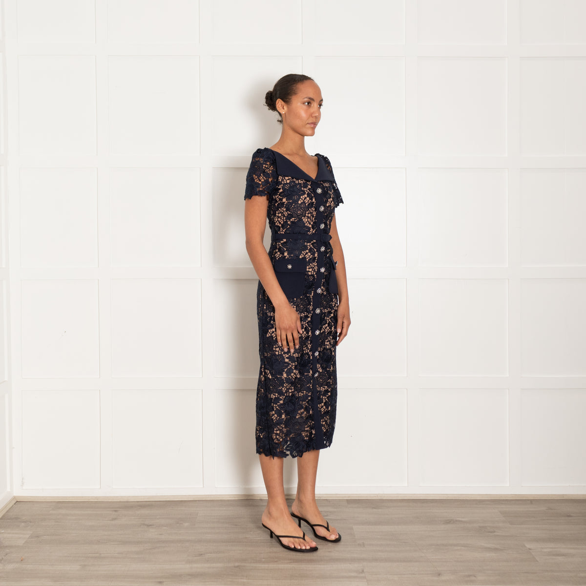 Self Portrait Navy Guipre Lace Midi Dress Contrasting Collar