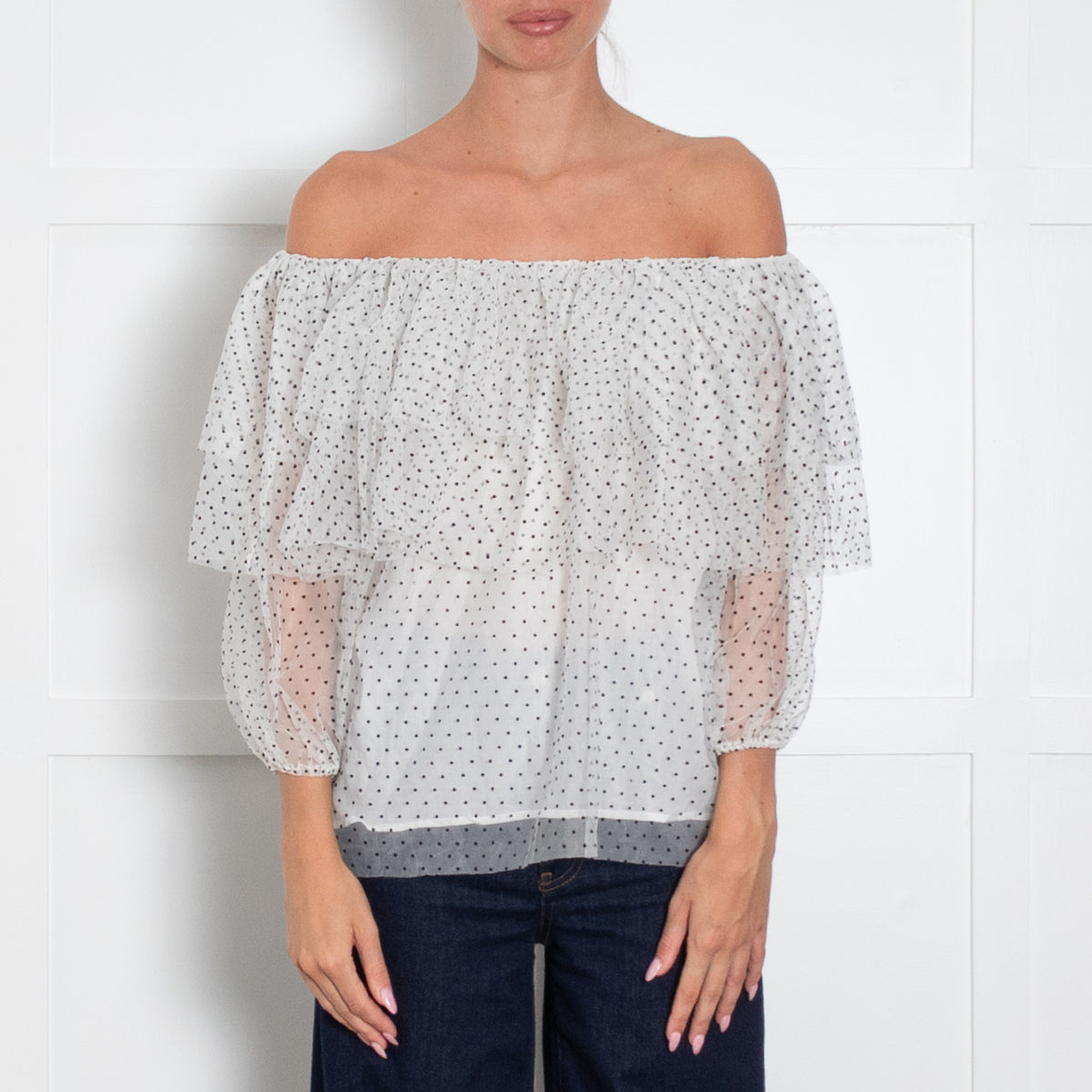 Maje White Black Polka Dot Tule Bardo Top