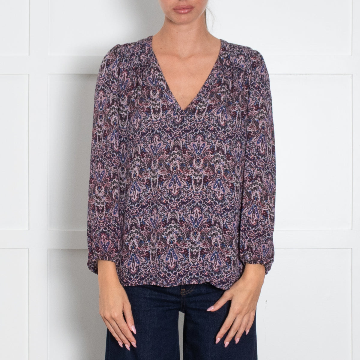Joie Blue Red Pink Print Silk Blouse