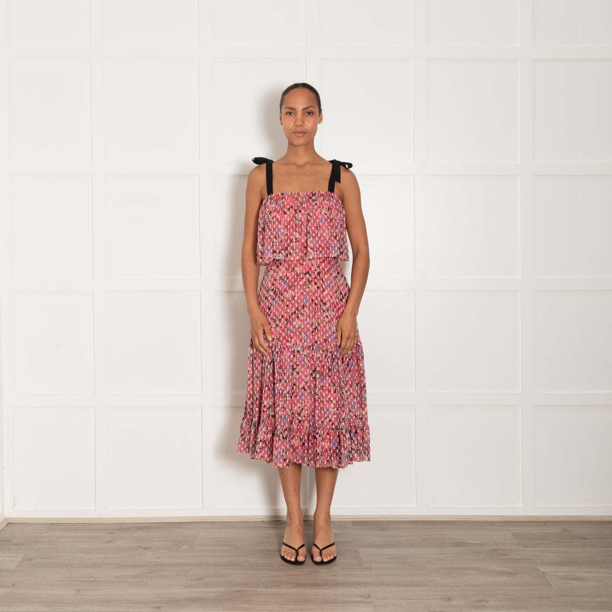 Saloni Pink Floral Tiered Dress With Black Tie Straps