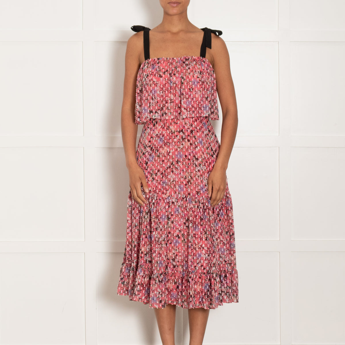Saloni Pink Floral Tiered Dress With Black Tie Straps