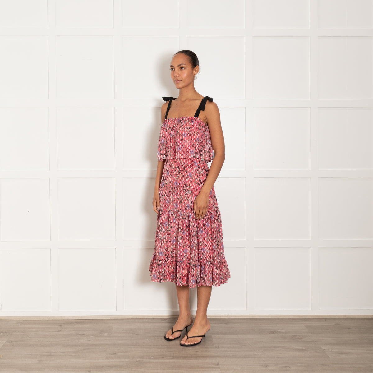 Saloni Pink Floral Tiered Dress With Black Tie Straps