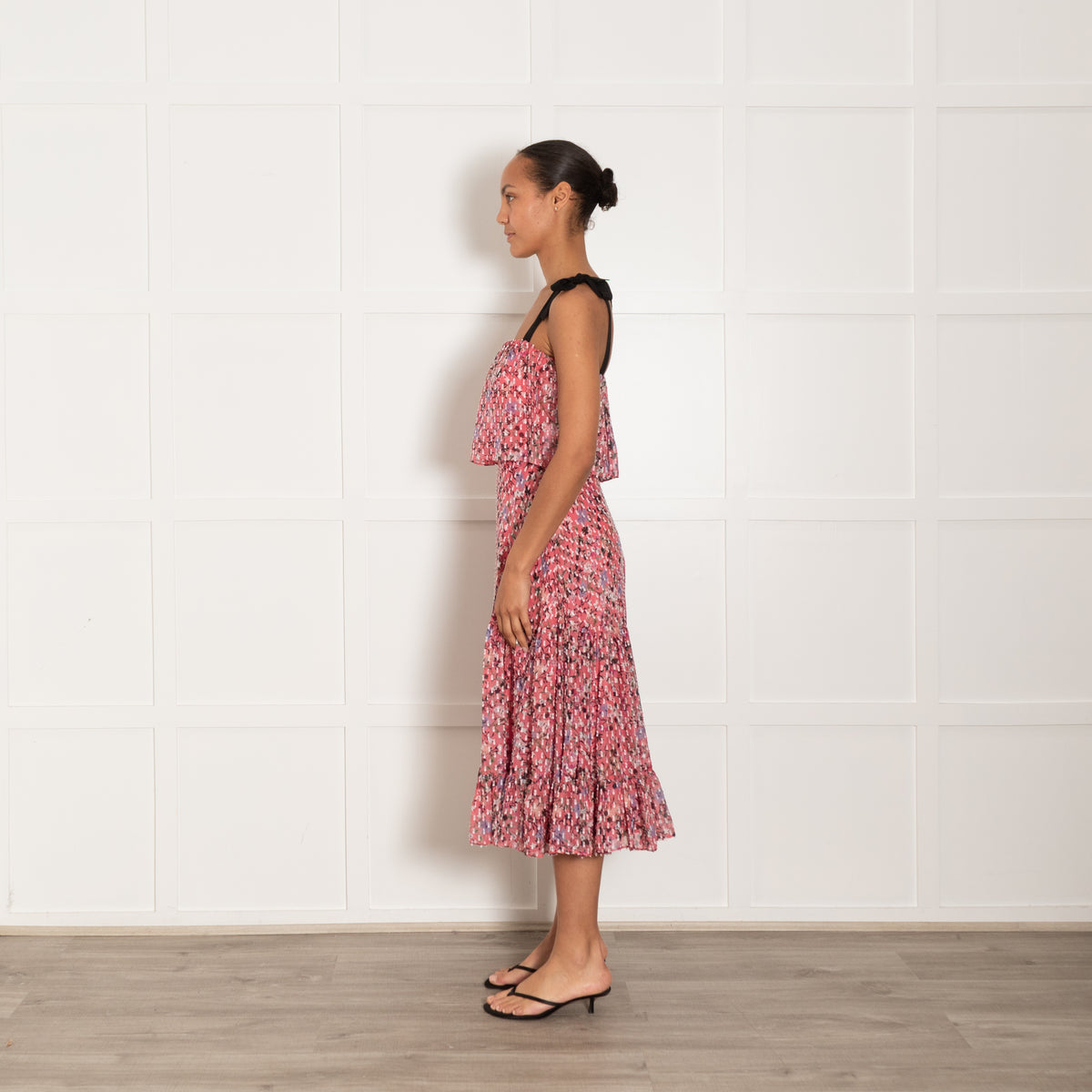 Saloni Pink Floral Tiered Dress With Black Tie Straps