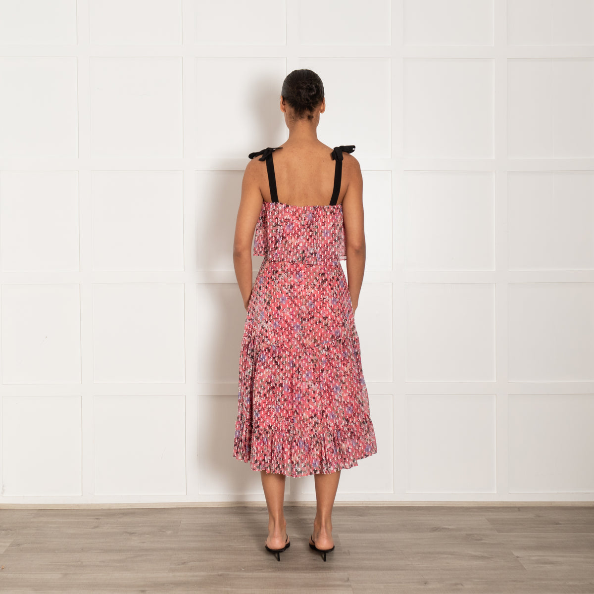 Saloni Pink Floral Tiered Dress With Black Tie Straps