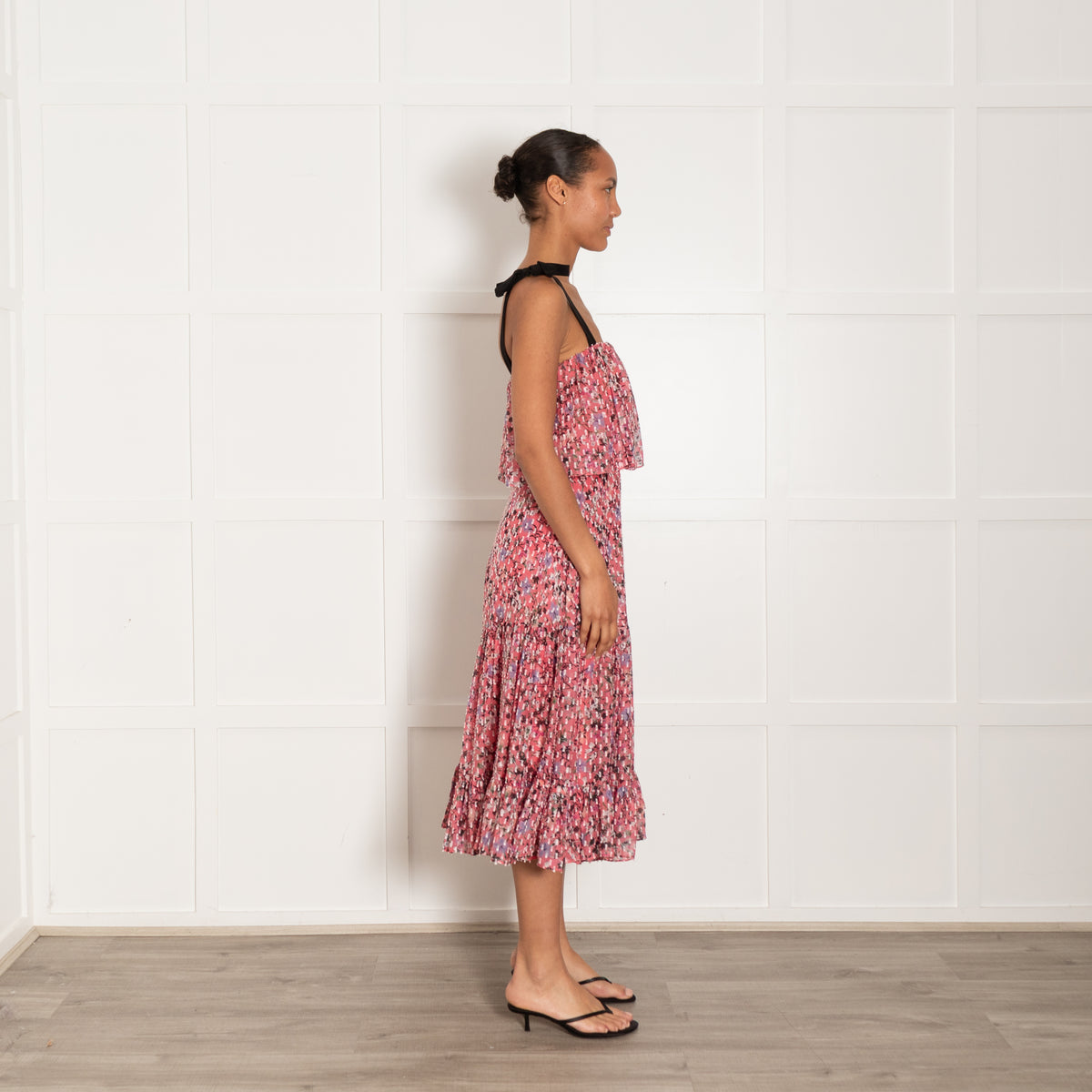 Saloni Pink Floral Tiered Dress With Black Tie Straps