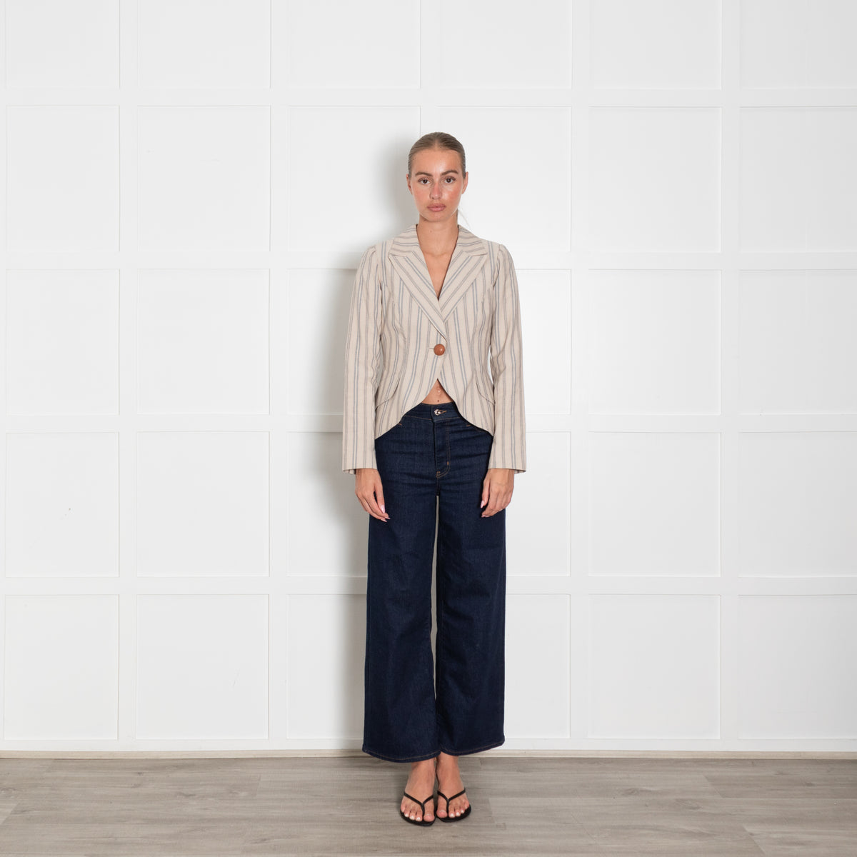 Smythe Beige Neutral Red Blue Stripe Leather Button Jacket