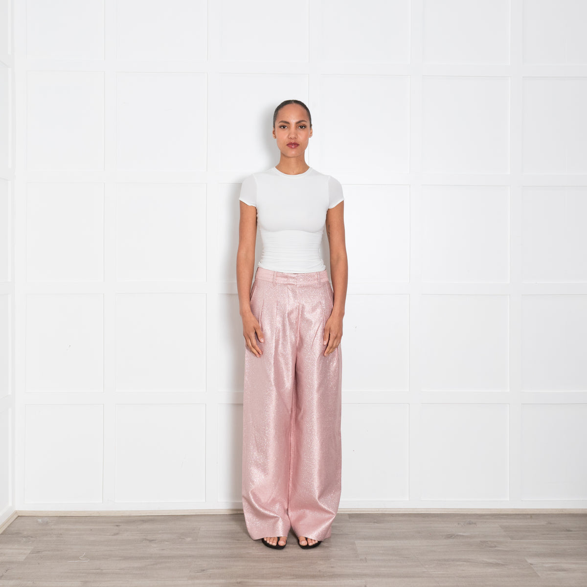 LoveShackFancy Pink Silver Wide Leg Trousers