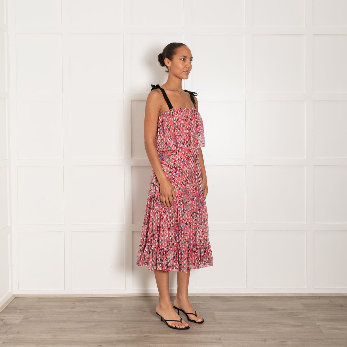 Saloni Pink Floral Tiered Dress With Black Tie Straps