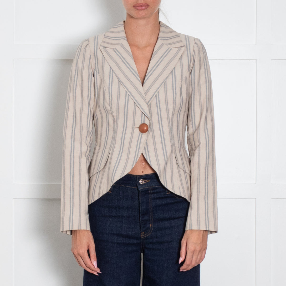 Smythe Beige Neutral Red Blue Stripe Leather Button Jacket