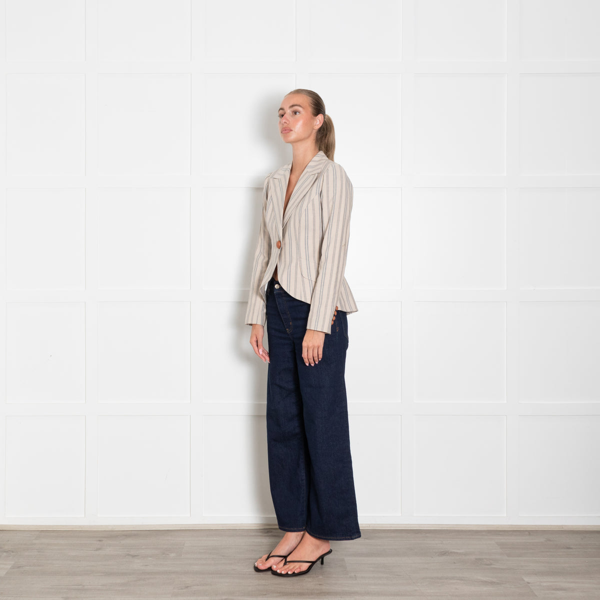 Smythe Beige Neutral Red Blue Stripe Leather Button Jacket