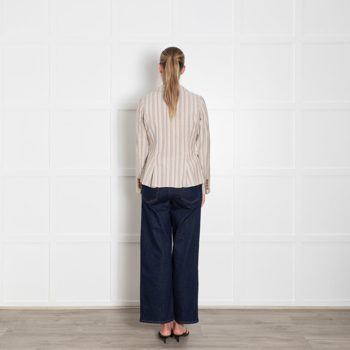 Smythe Beige Neutral Red Blue Stripe Leather Button Jacket