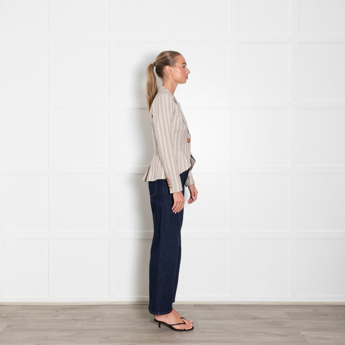 Smythe Beige Neutral Red Blue Stripe Leather Button Jacket