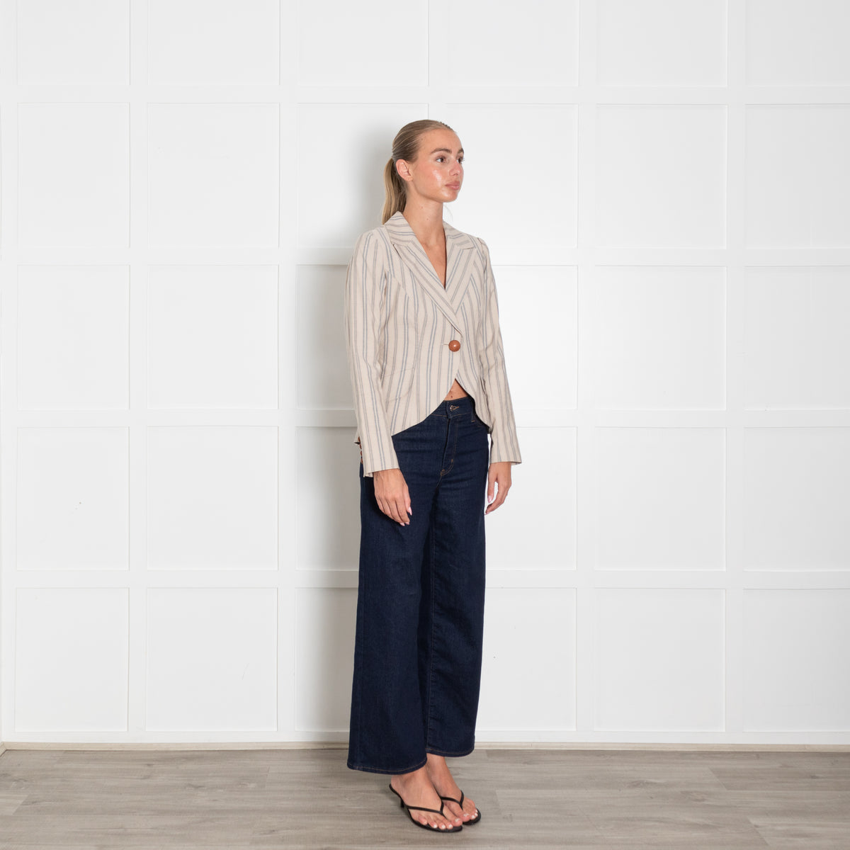 Smythe Beige Neutral Red Blue Stripe Leather Button Jacket
