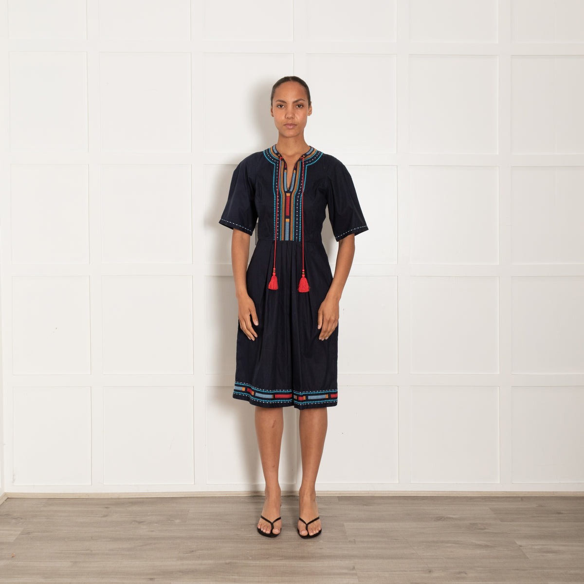 Talitha Navy Dress With Embridery and Tie Neck