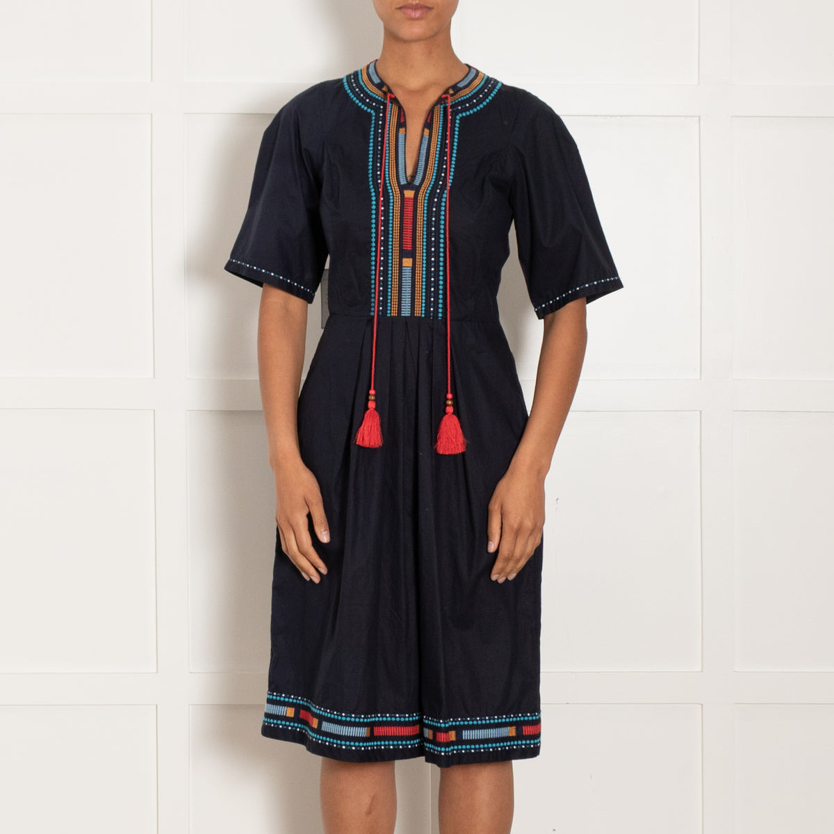 Talitha Navy Dress With Embridery and Tie Neck