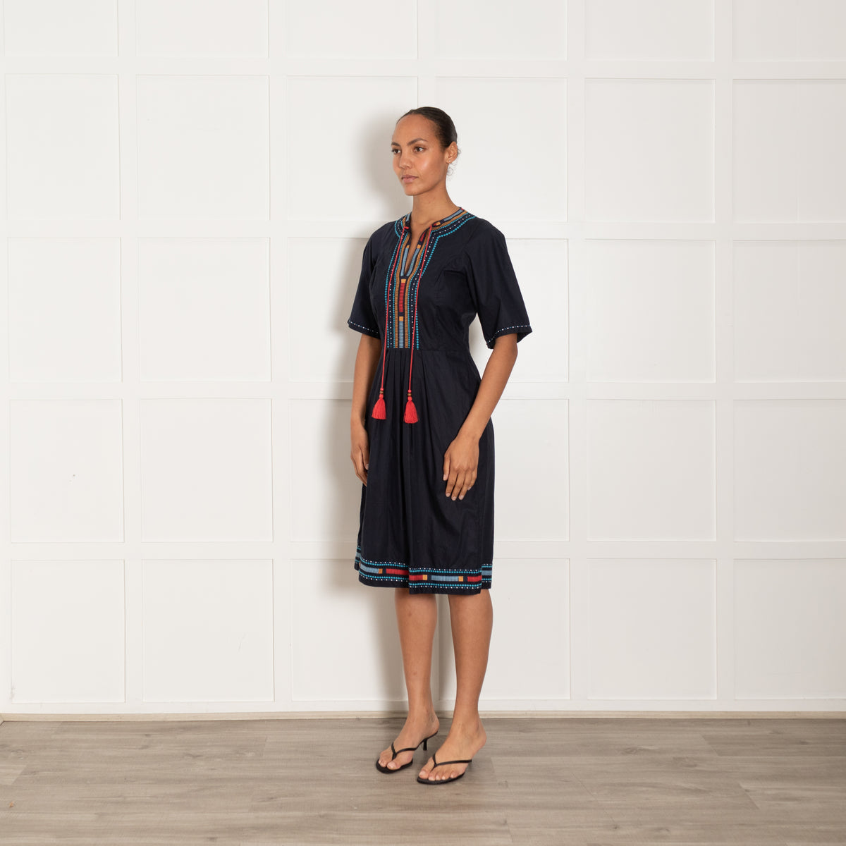 Talitha Navy Dress With Embridery and Tie Neck