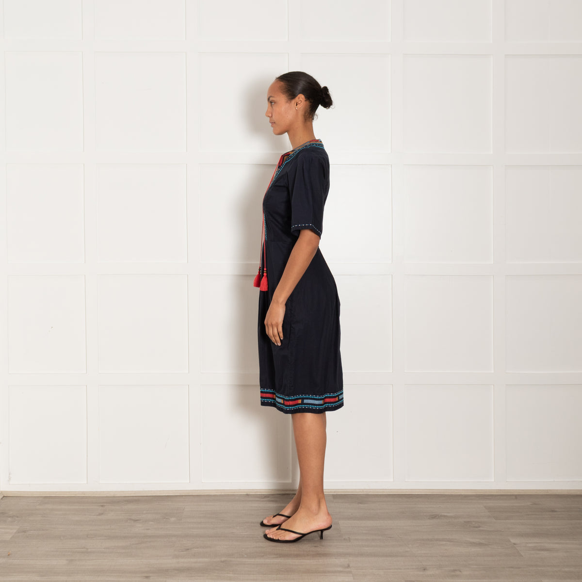 Talitha Navy Dress With Embridery and Tie Neck