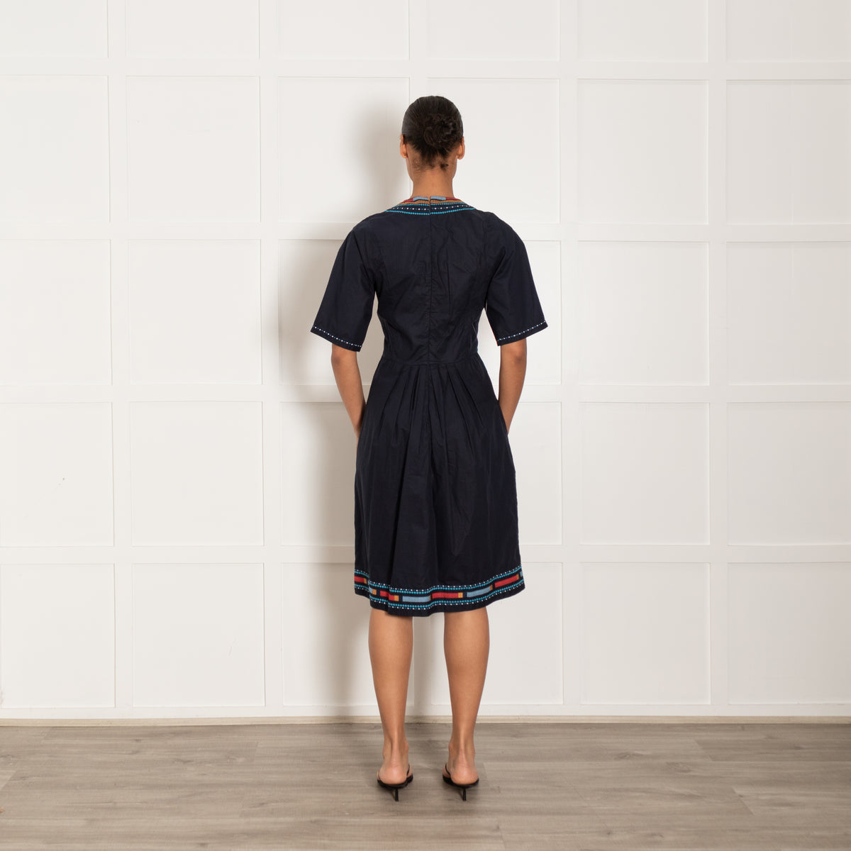 Talitha Navy Dress With Embridery and Tie Neck