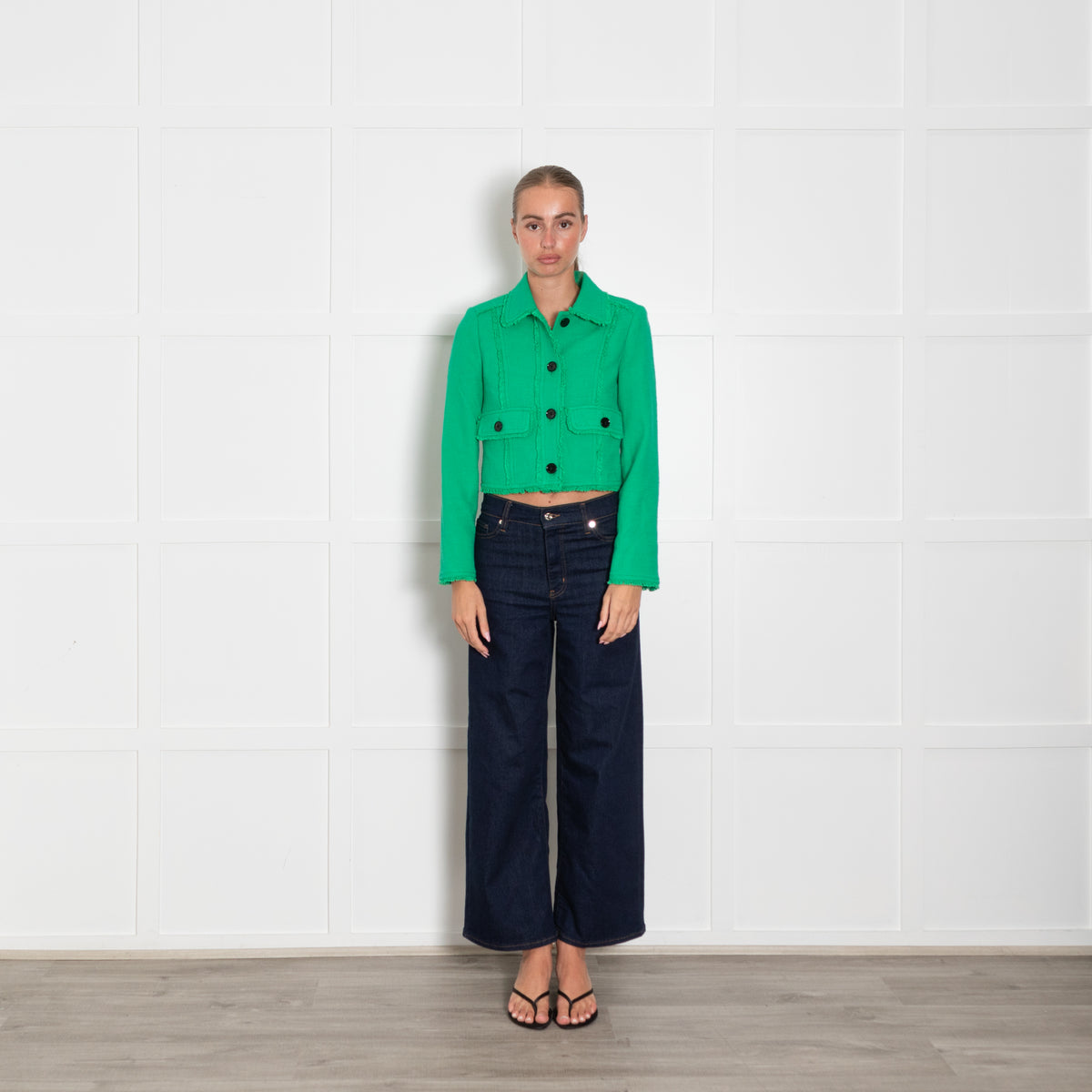 Me + Em Bright Green Fringe Detail Cropped Jacket
