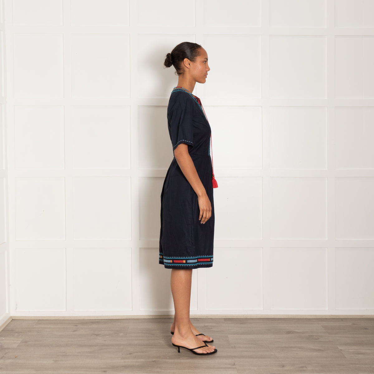 Talitha Navy Dress With Embridery and Tie Neck