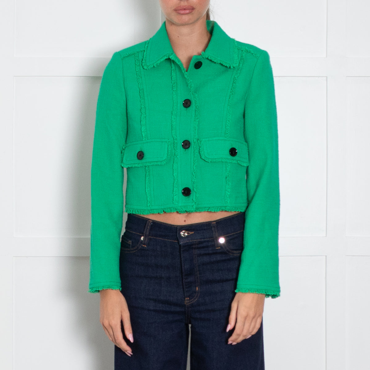 Me + Em Bright Green Fringe Detail Cropped Jacket