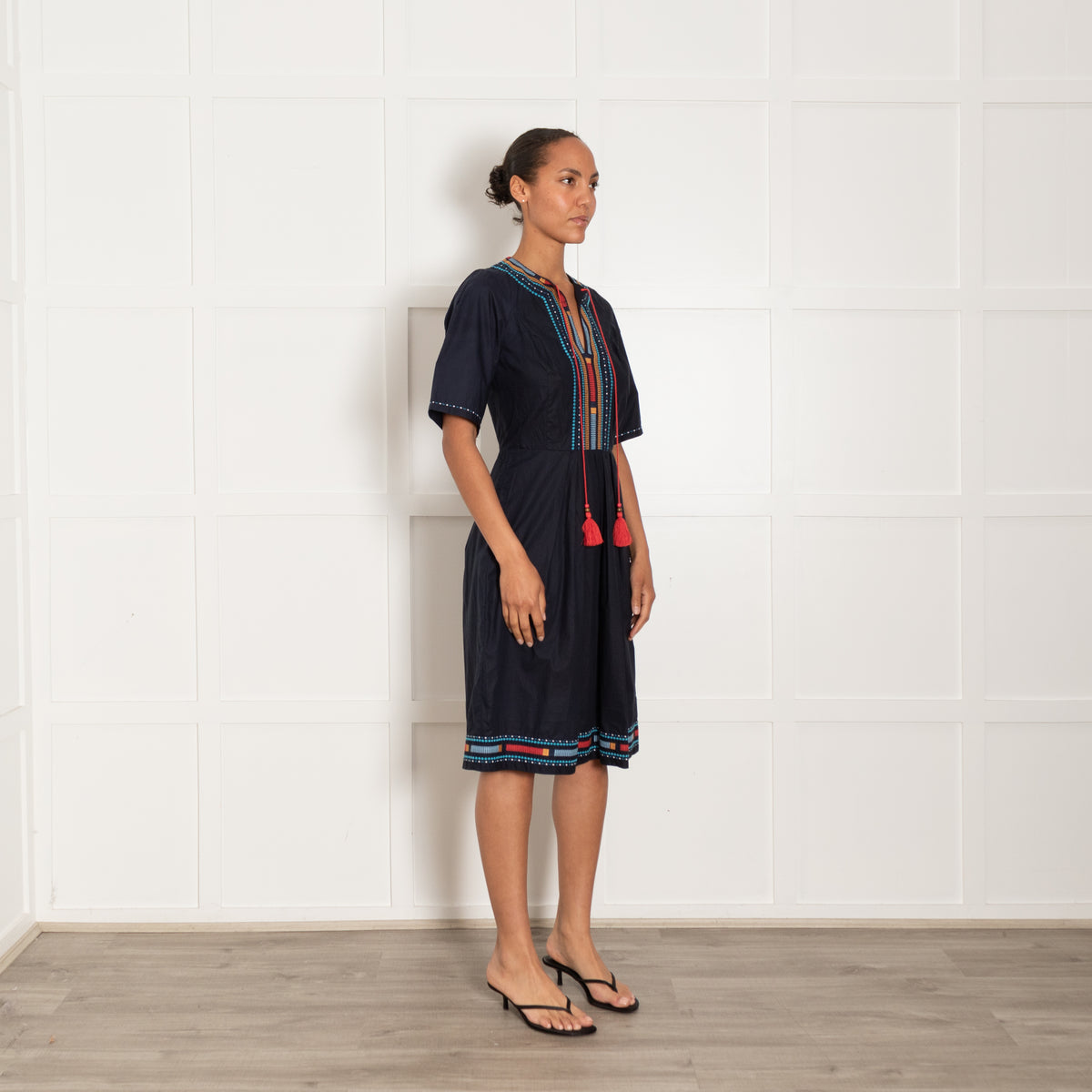 Talitha Navy Dress With Embridery and Tie Neck