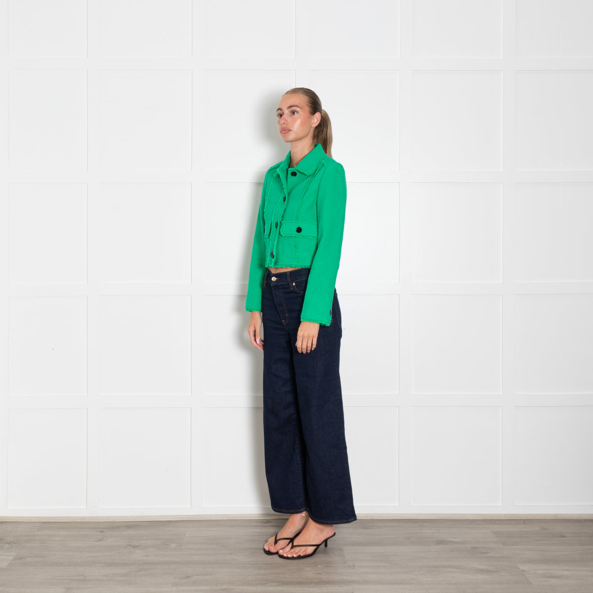 Me + Em Bright Green Fringe Detail Cropped Jacket