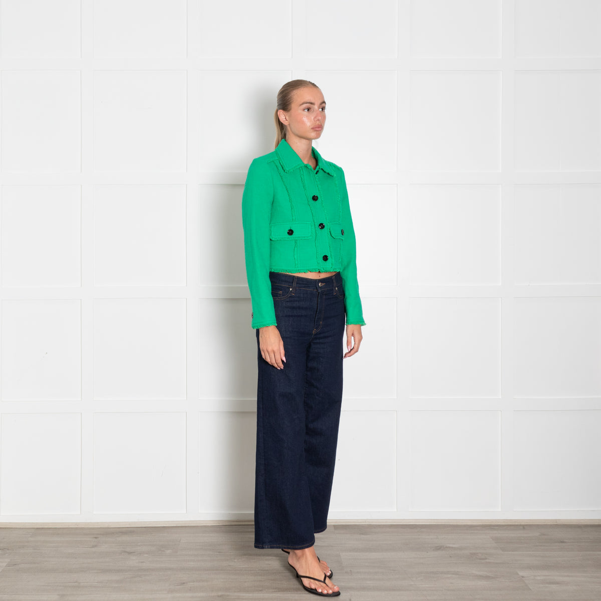 Me + Em Bright Green Fringe Detail Cropped Jacket