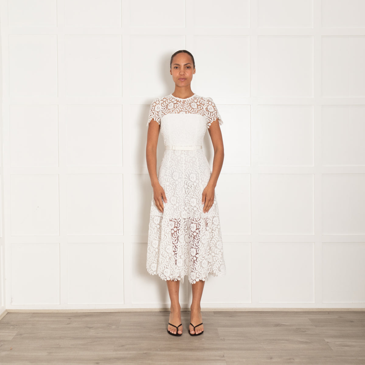 Self Portrait White Layered Lace Midi Dress With Belt