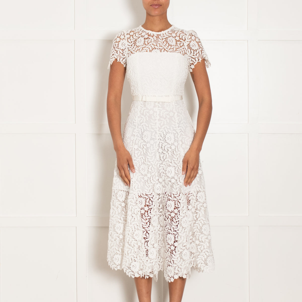 Self Portrait White Layered Lace Midi Dress With Belt