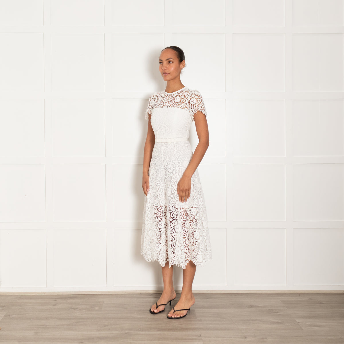 Self Portrait White Layered Lace Midi Dress With Belt