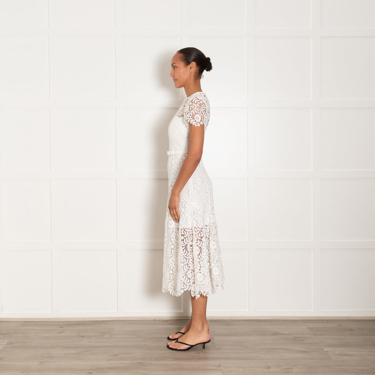 Self Portrait White Layered Lace Midi Dress With Belt