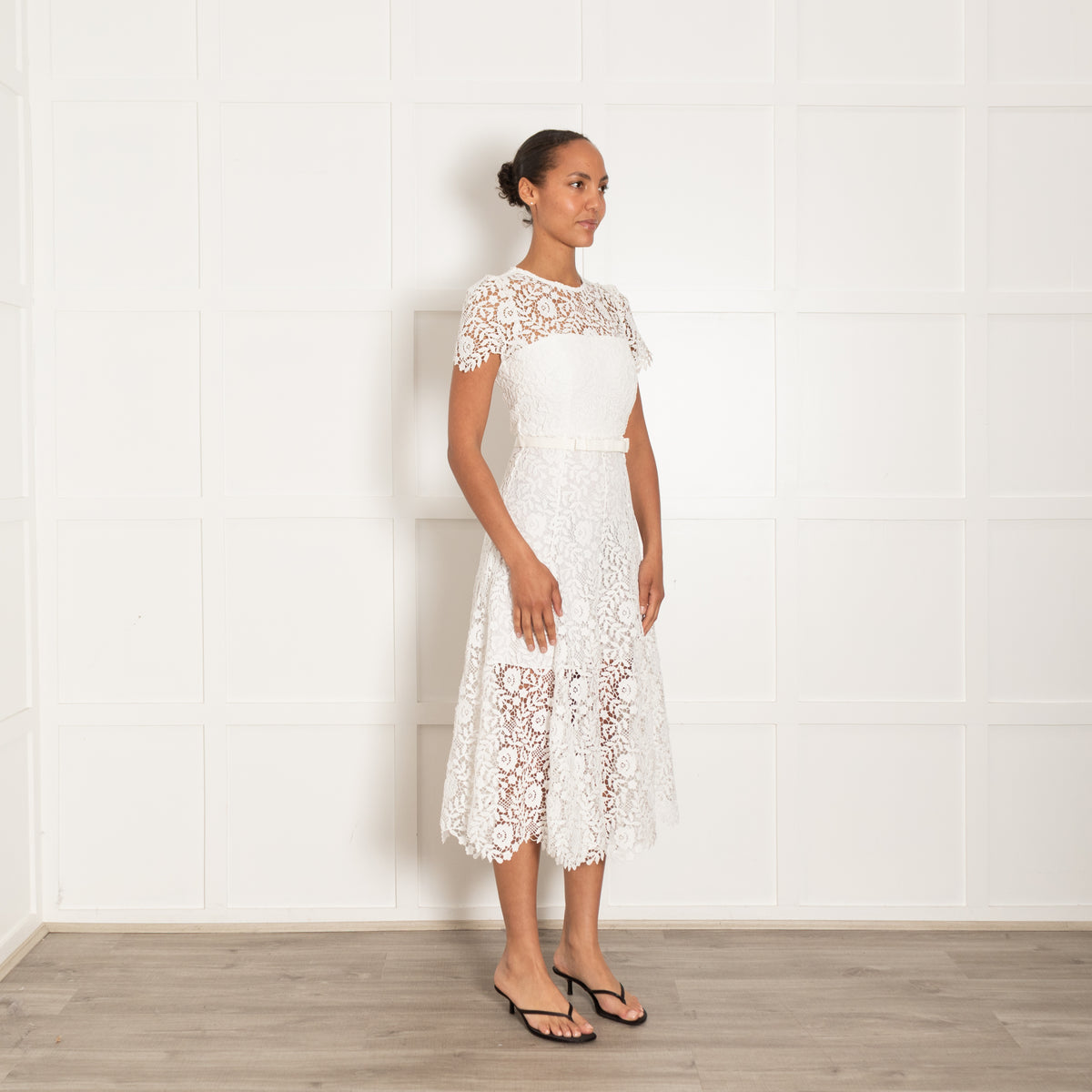 Self Portrait White Layered Lace Midi Dress With Belt