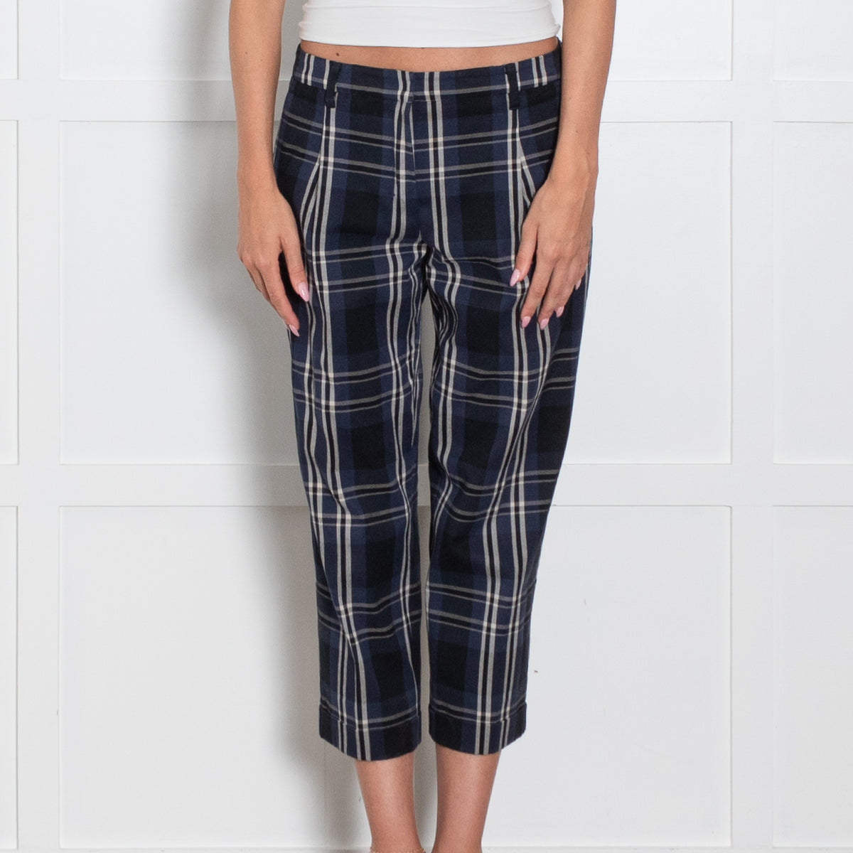S Max Mara Navy Blue Cream Checked Cropped Trousers