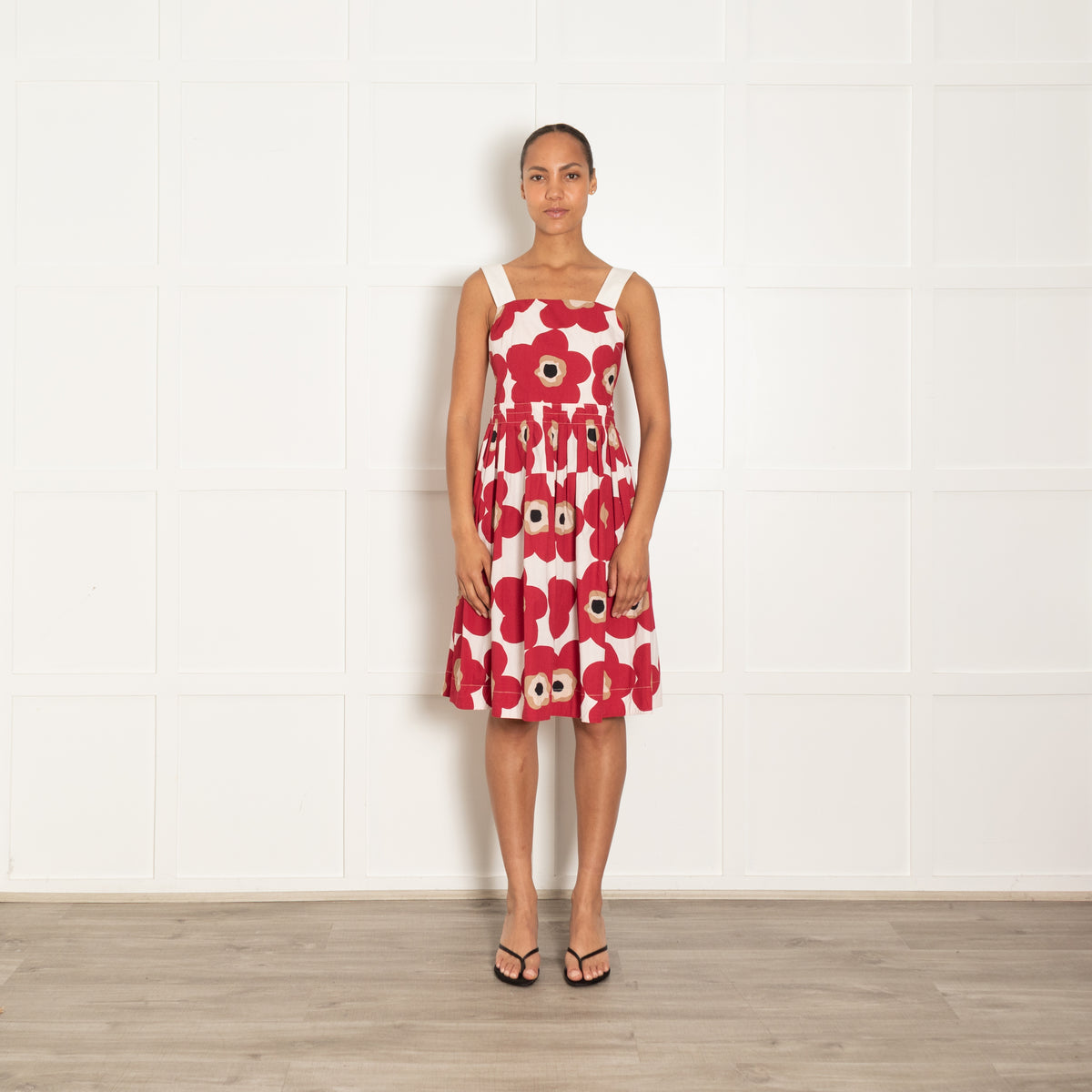 Dolce & Gabbana Cream Read Black Beige Abstract Flower Print Strappy Dress