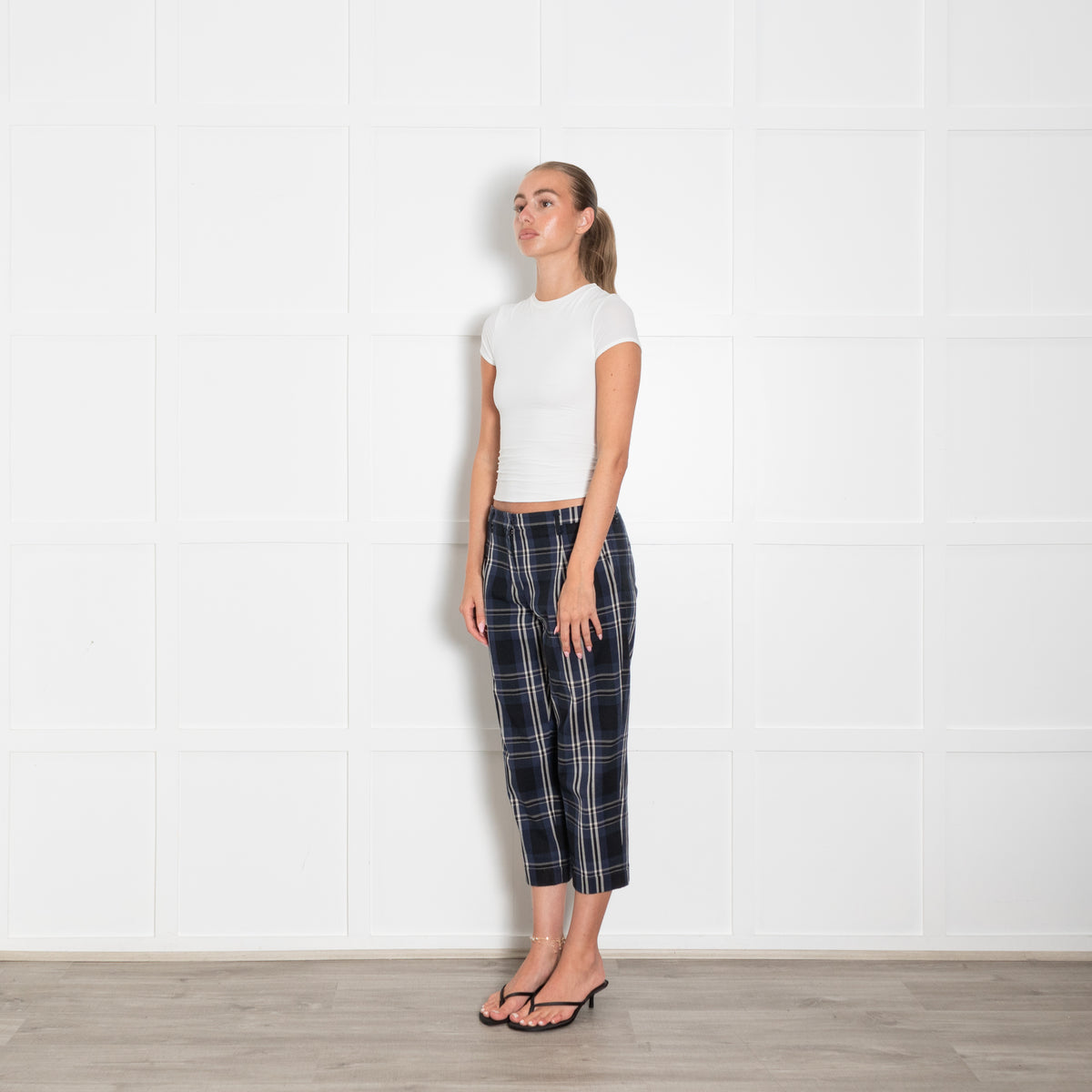 S Max Mara Navy Blue Cream Checked Cropped Trousers
