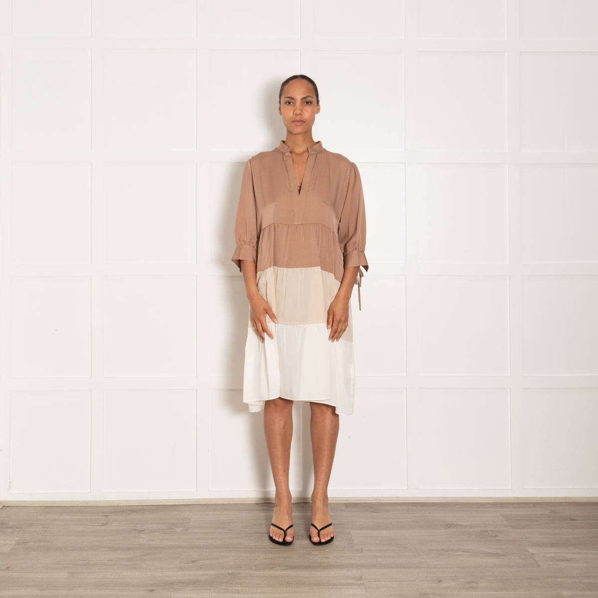 Silk95Five Brown & Cream Silk Tiered Dress