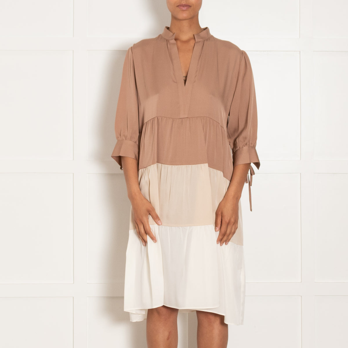 Silk95Five Brown & Cream Silk Tiered Dress