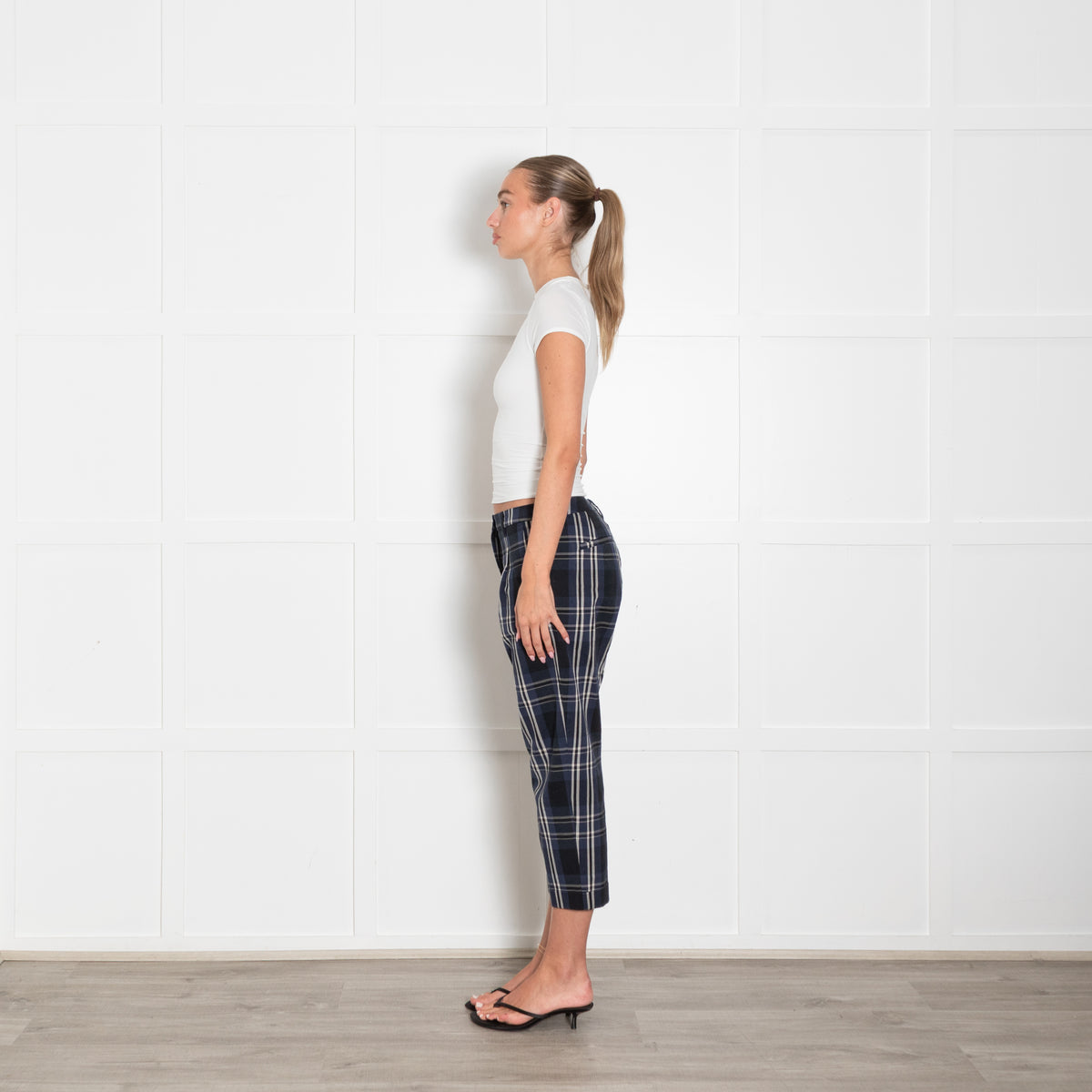 S Max Mara Navy Blue Cream Checked Cropped Trousers