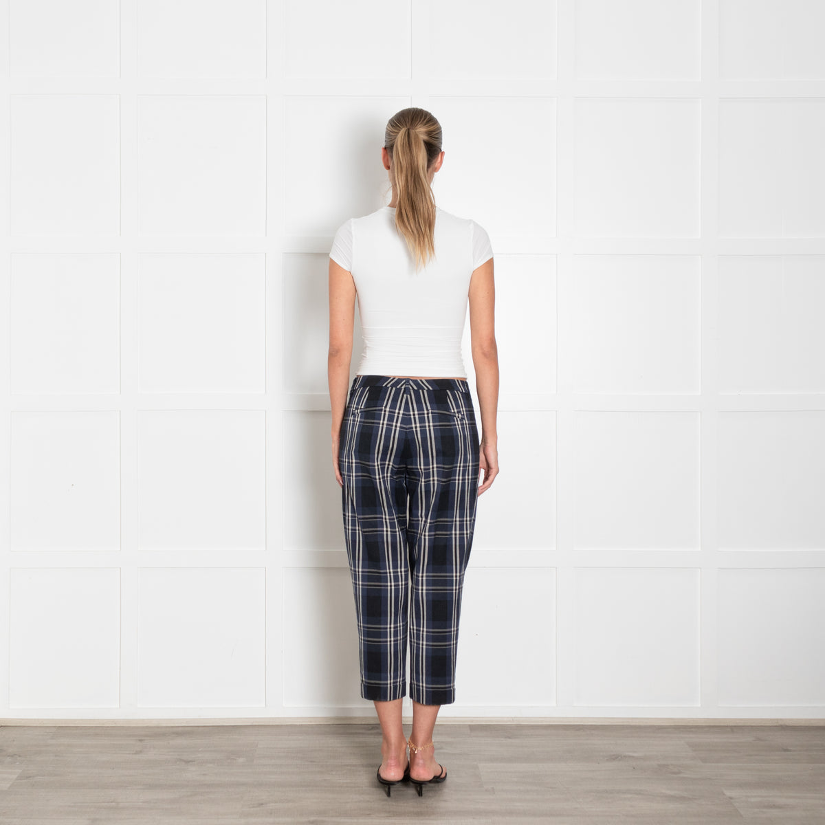 S Max Mara Navy Blue Cream Checked Cropped Trousers