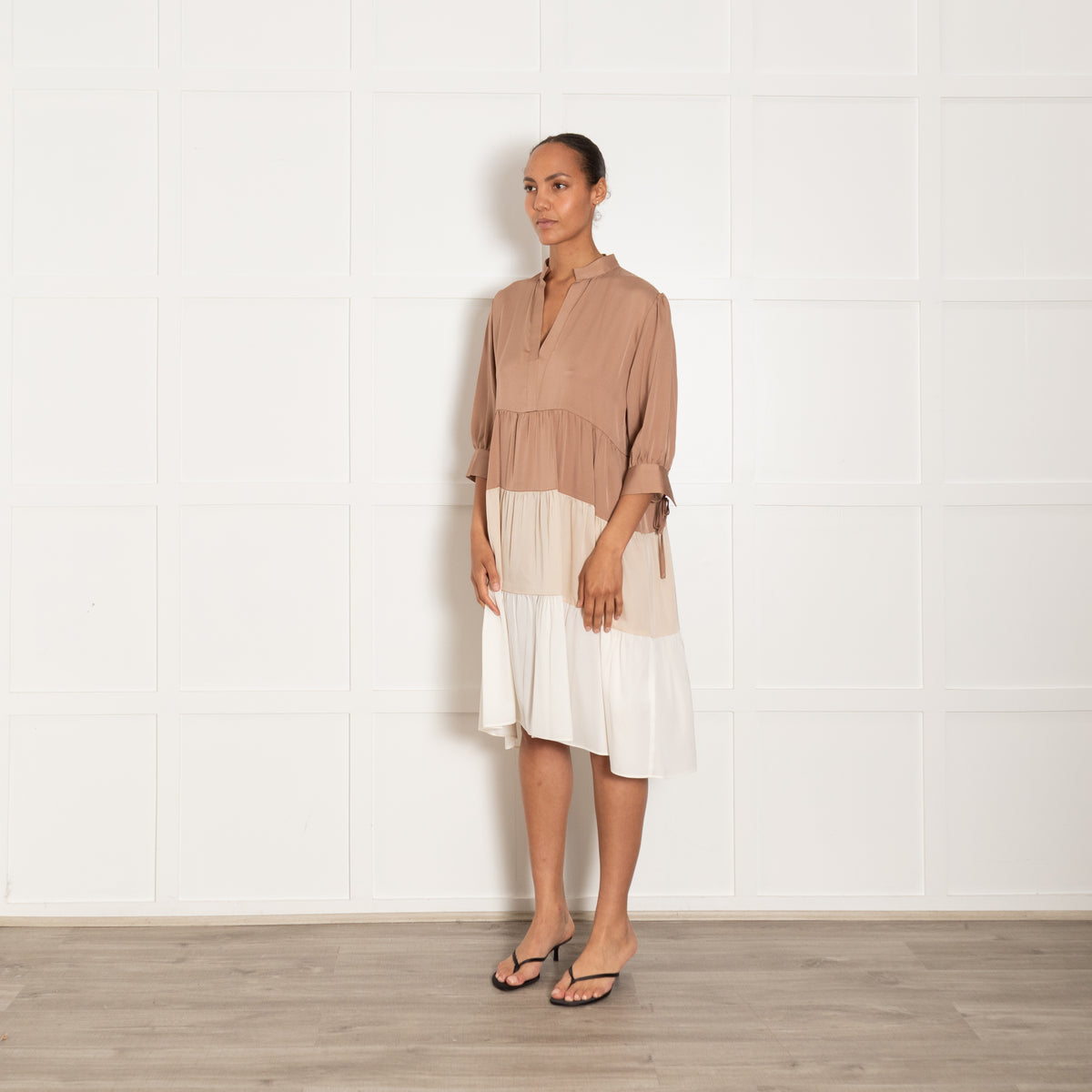 Silk95Five Brown & Cream Silk Tiered Dress