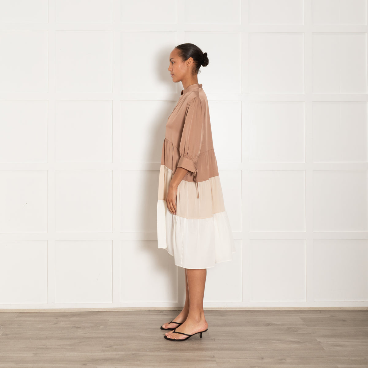 Silk95Five Brown & Cream Silk Tiered Dress